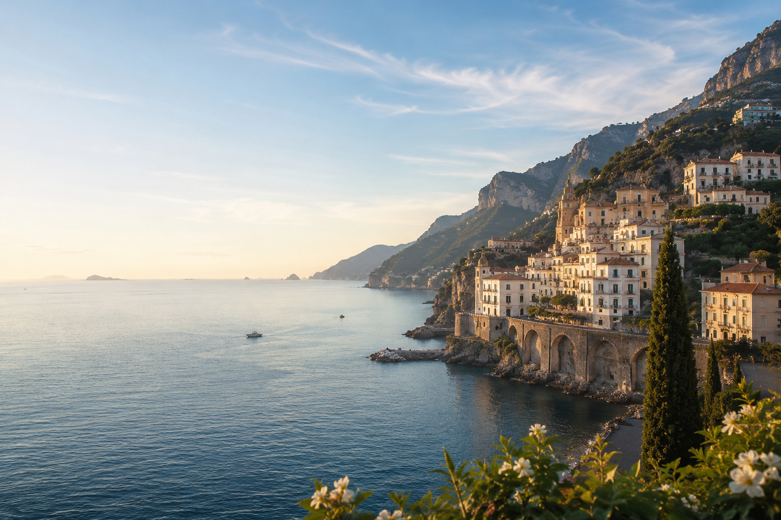 Mediterranean coastal town harbor golden hour